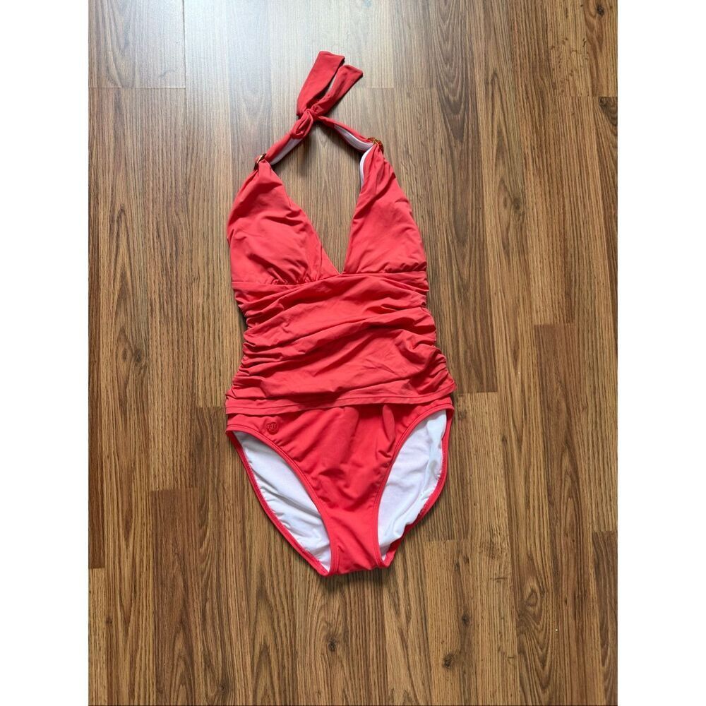 Lauren Ralph Lauren Women's Halter Neck Ruched One Piece Swimsuit Coral Red Sz 8